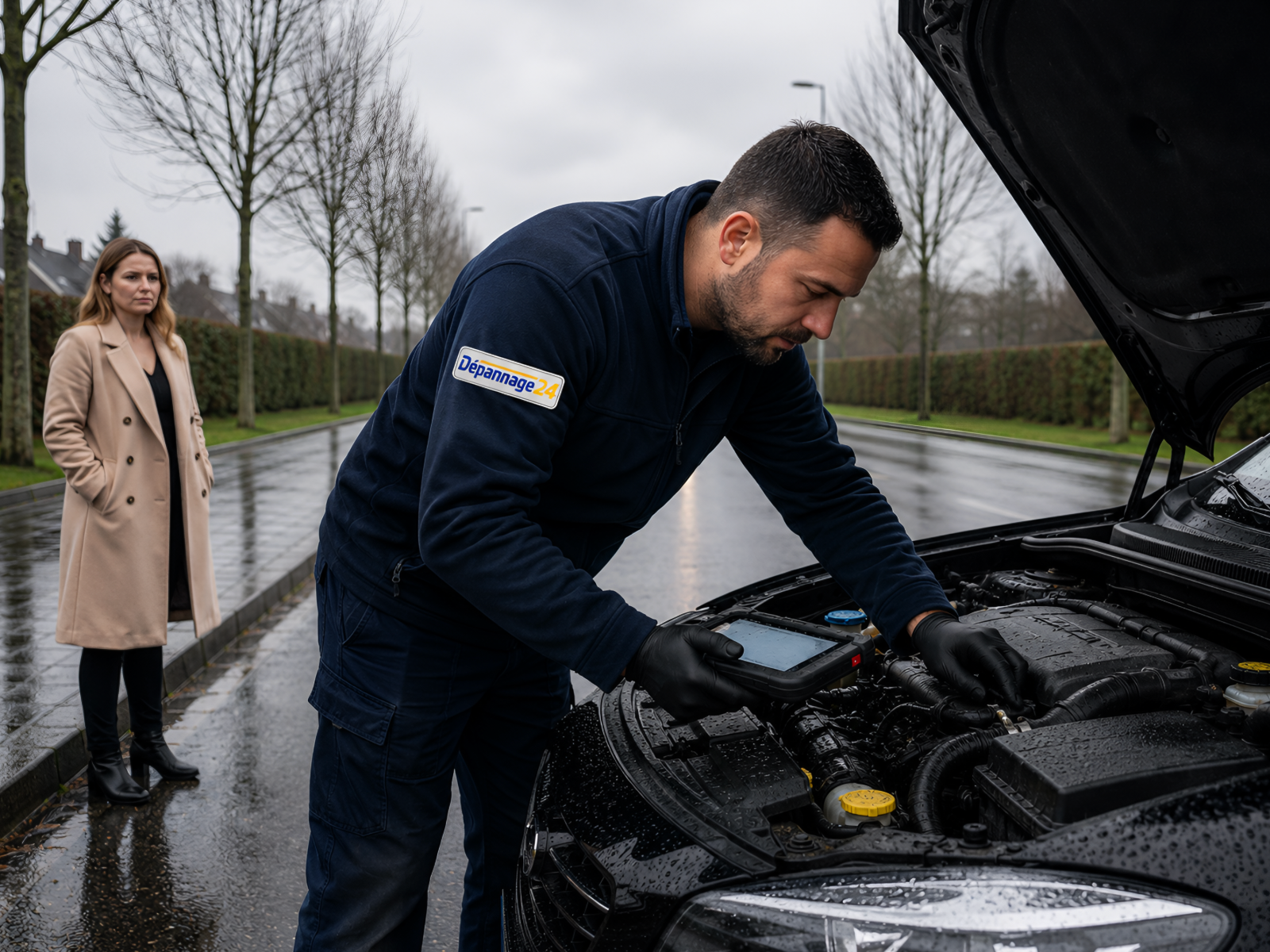 Dépanneur diagnostiquant une voiture en panne